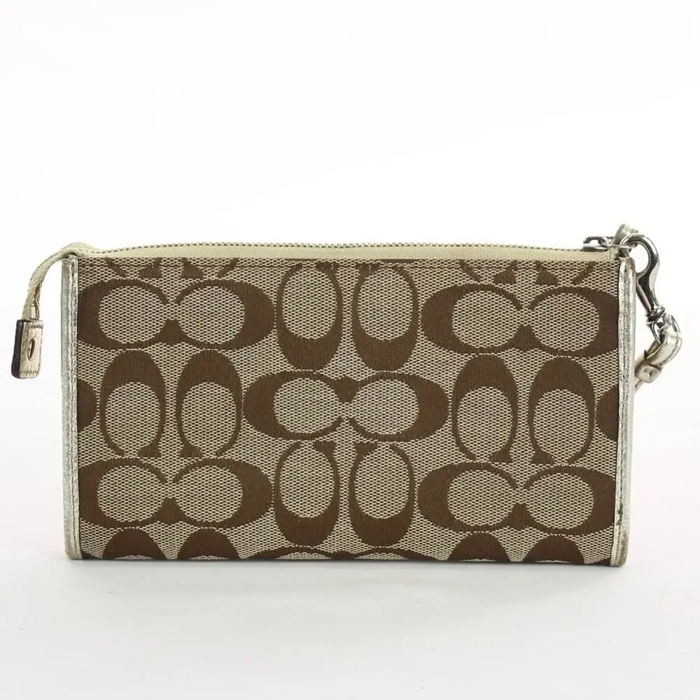Coach Signature Canvas Turnlock Wristlet Wallet Khaki Brown Leather Trim Y2K